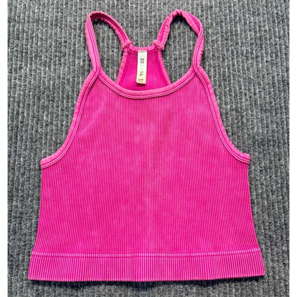 Zenana Women Pink Ribbed Seamless Cropped Tank Top Racerback Mineral Wash S/M
